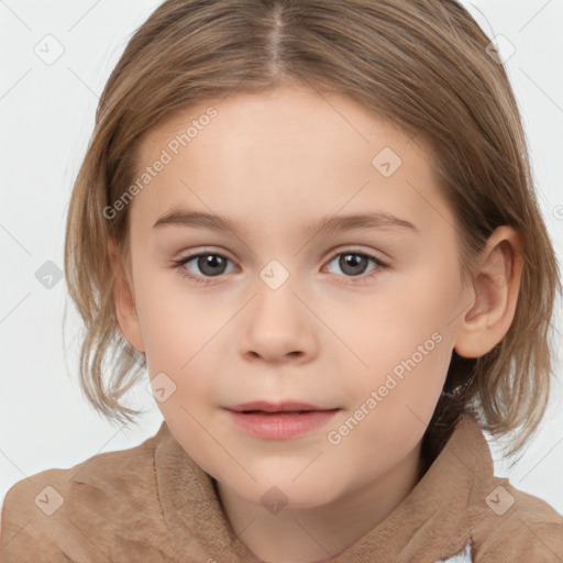 Joyful white child female with medium  brown hair and brown eyes