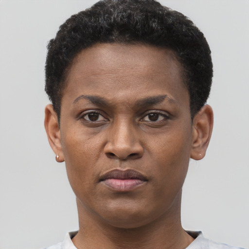 Neutral black young-adult female with short  brown hair and brown eyes