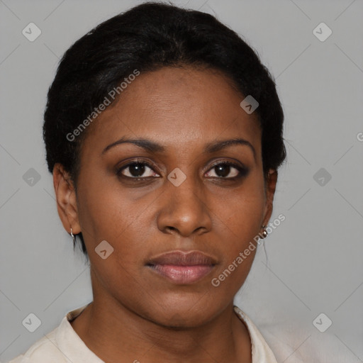 Neutral black young-adult female with short  brown hair and brown eyes