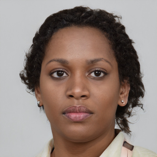 Neutral black young-adult female with medium  brown hair and brown eyes