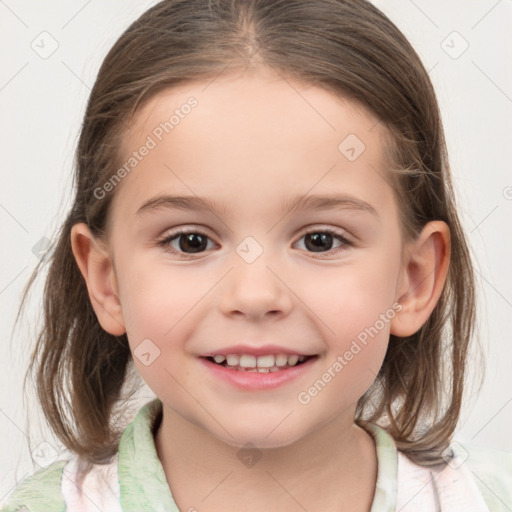 Joyful white child female with medium  brown hair and brown eyes