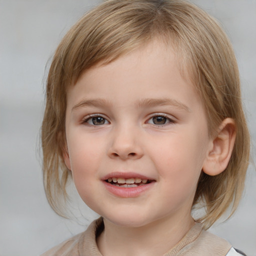 Joyful white child female with medium  brown hair and brown eyes