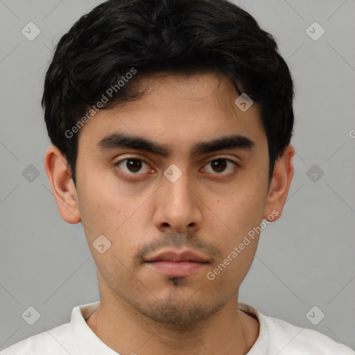 Neutral asian young-adult male with short  black hair and brown eyes