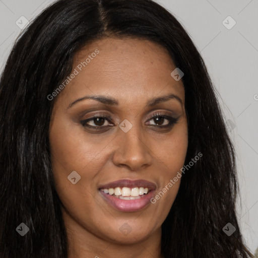 Joyful asian young-adult female with long  brown hair and brown eyes