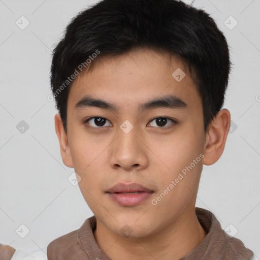 Neutral asian young-adult male with short  brown hair and brown eyes