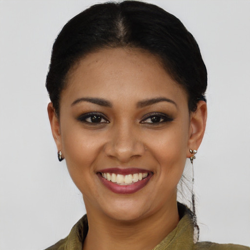 Joyful asian young-adult female with short  brown hair and brown eyes