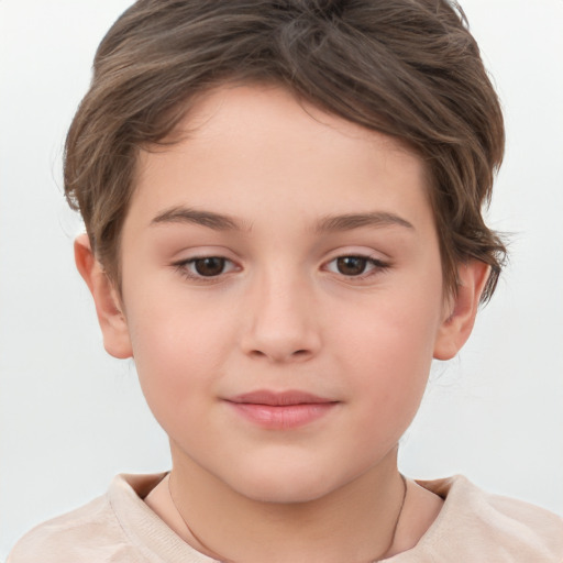 Joyful white child female with short  brown hair and brown eyes