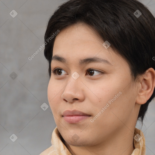 Neutral white young-adult female with medium  brown hair and brown eyes