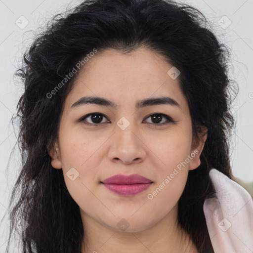 Joyful asian young-adult female with long  brown hair and brown eyes