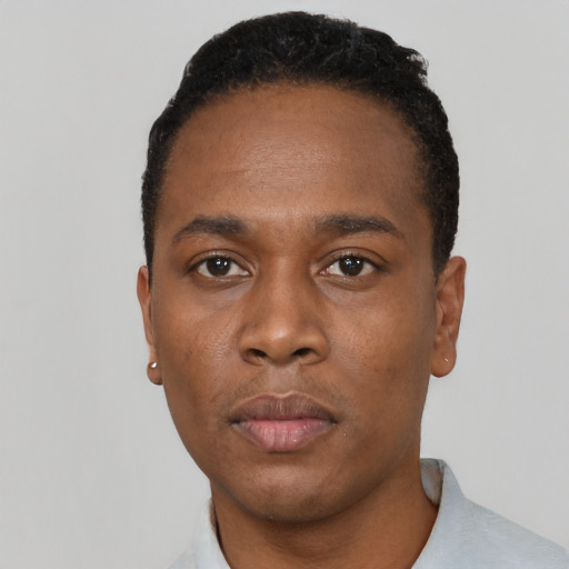 Neutral black young-adult male with short  black hair and brown eyes