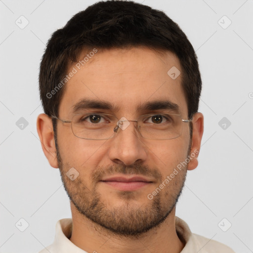 Joyful white adult male with short  brown hair and brown eyes