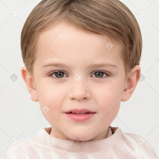 Joyful white child male with short  brown hair and brown eyes