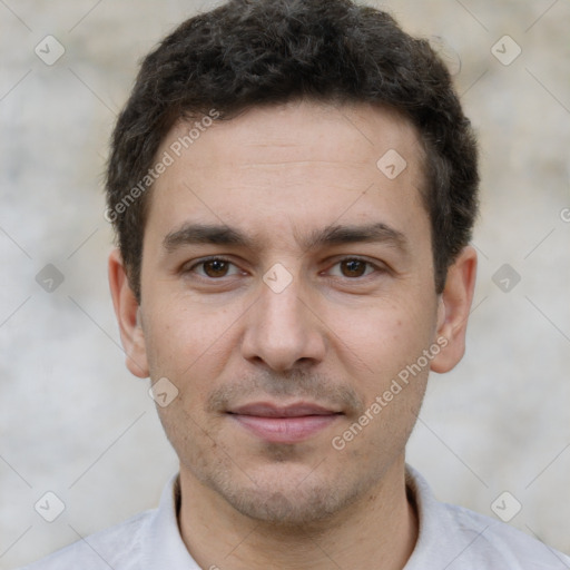 Neutral white young-adult male with short  brown hair and brown eyes