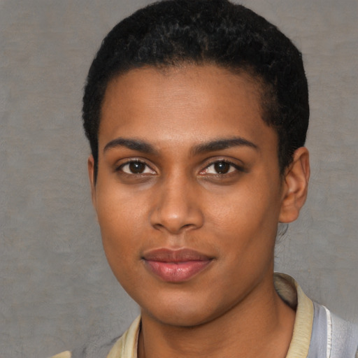 Neutral black young-adult female with short  black hair and brown eyes