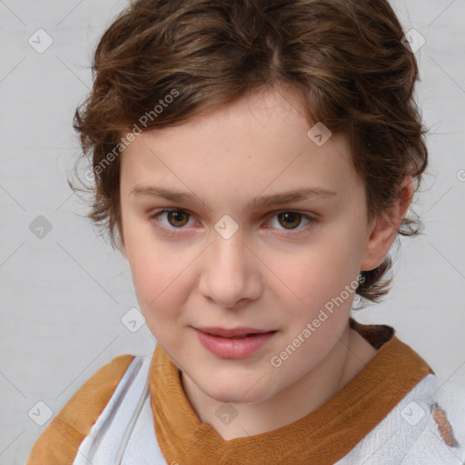 Joyful white child female with medium  brown hair and brown eyes