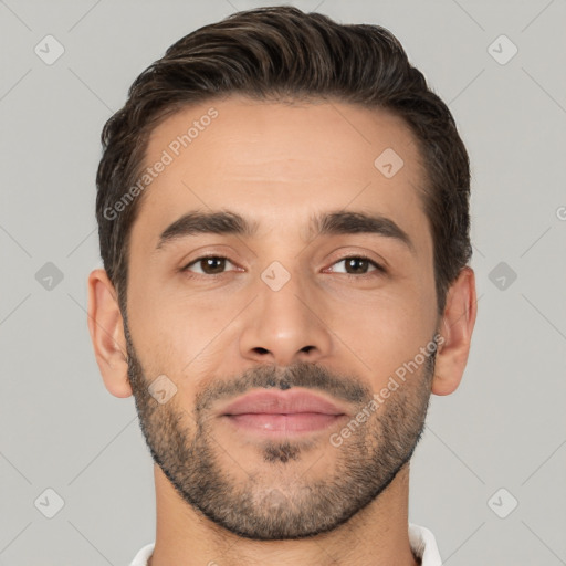 Joyful white young-adult male with short  brown hair and brown eyes