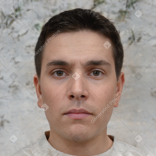 Neutral white young-adult male with short  brown hair and brown eyes