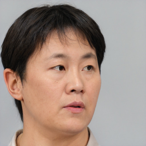 Neutral asian adult male with short  brown hair and brown eyes