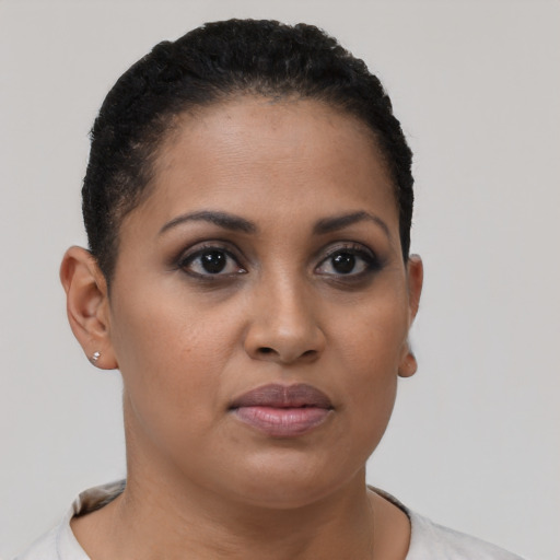 Neutral latino young-adult female with short  brown hair and brown eyes