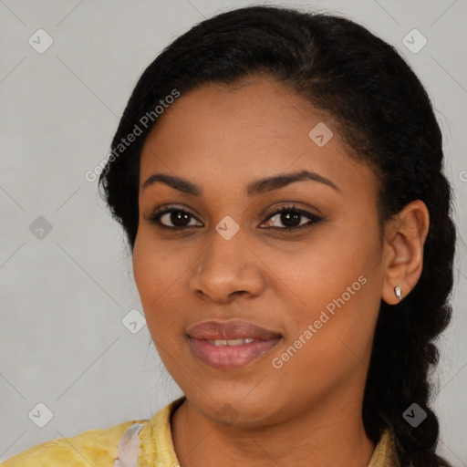 Joyful latino young-adult female with long  black hair and brown eyes