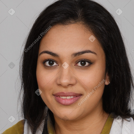 Joyful latino young-adult female with medium  brown hair and brown eyes