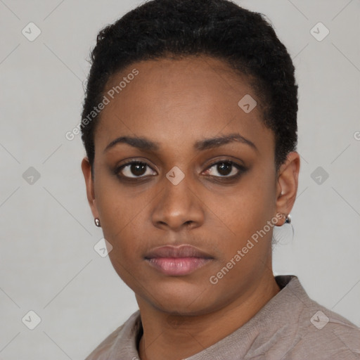 Neutral black young-adult female with short  black hair and brown eyes