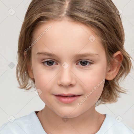 Joyful white child female with medium  brown hair and brown eyes