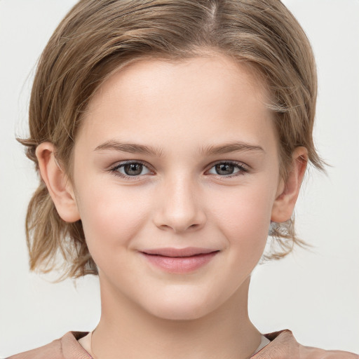 Joyful white child female with medium  brown hair and grey eyes