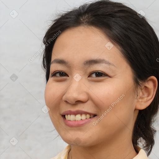 Joyful white young-adult female with medium  brown hair and brown eyes