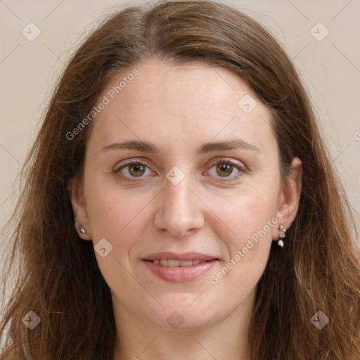 Joyful white young-adult female with long  brown hair and grey eyes