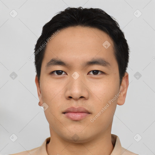 Neutral asian young-adult male with short  black hair and brown eyes