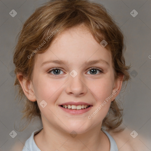 Joyful white child female with medium  brown hair and blue eyes