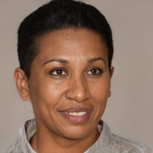 Joyful latino adult female with short  brown hair and brown eyes