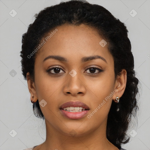 Joyful latino young-adult female with short  black hair and brown eyes