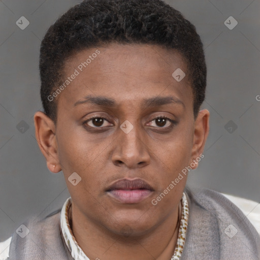 Neutral black young-adult male with short  brown hair and brown eyes