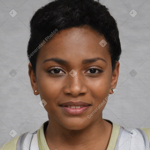 Joyful black young-adult female with short  black hair and brown eyes