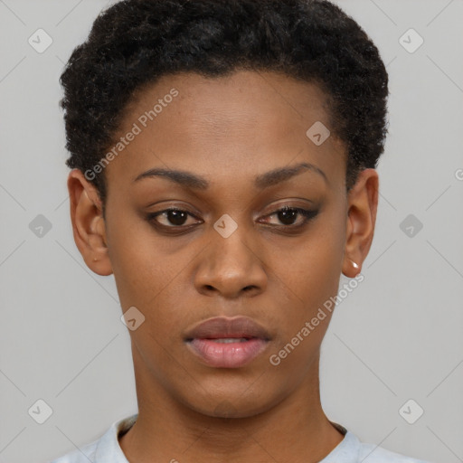 Neutral black young-adult female with short  black hair and brown eyes