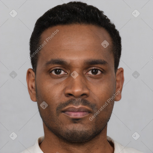 Neutral latino young-adult male with short  black hair and brown eyes
