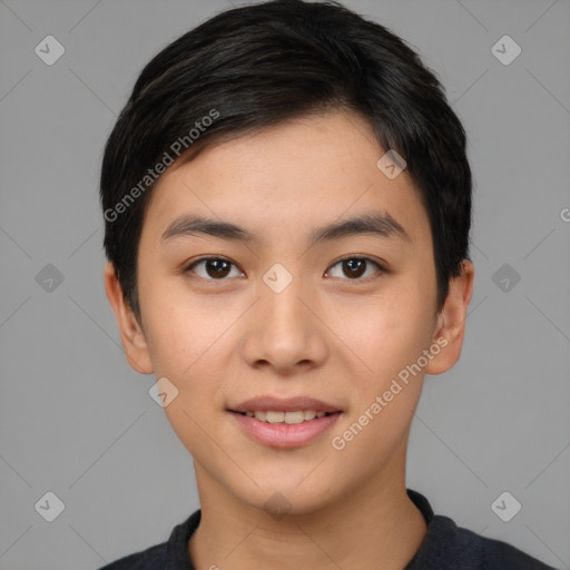 Joyful asian young-adult male with short  black hair and brown eyes