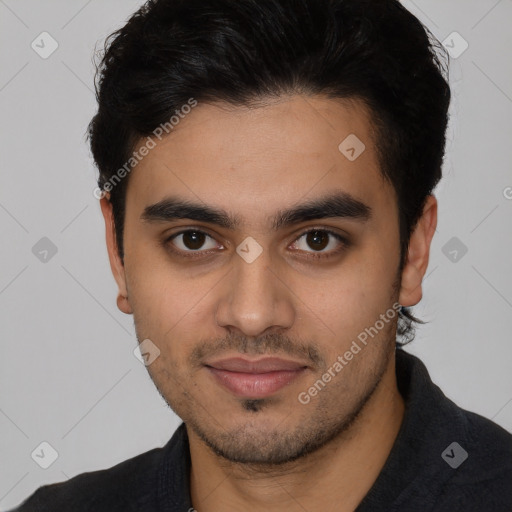 Neutral latino young-adult male with short  black hair and brown eyes