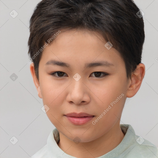 Joyful white child female with short  brown hair and brown eyes