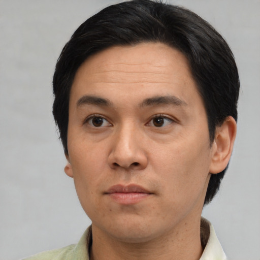 Neutral asian adult male with short  brown hair and brown eyes
