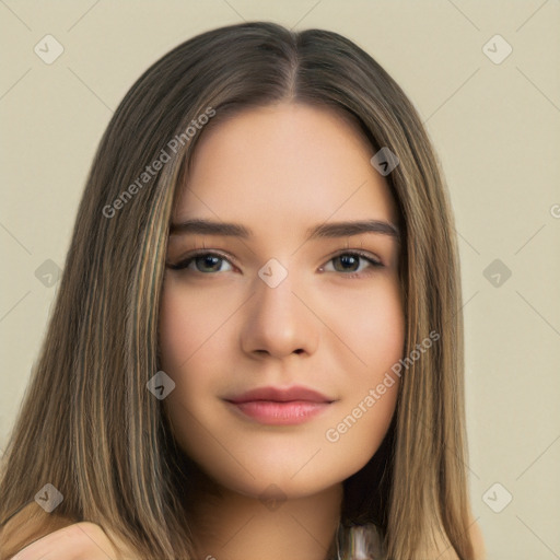 Neutral white young-adult female with long  brown hair and brown eyes