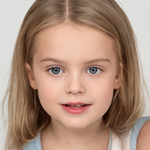 Neutral white child female with medium  brown hair and grey eyes