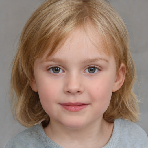 Neutral white child female with medium  brown hair and blue eyes