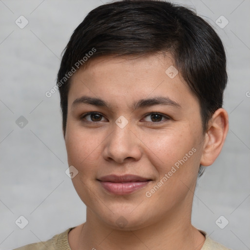 Joyful white young-adult female with short  brown hair and brown eyes