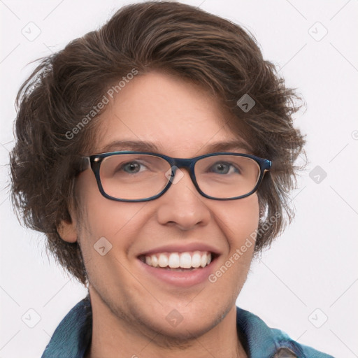 Joyful white adult female with medium  brown hair and blue eyes