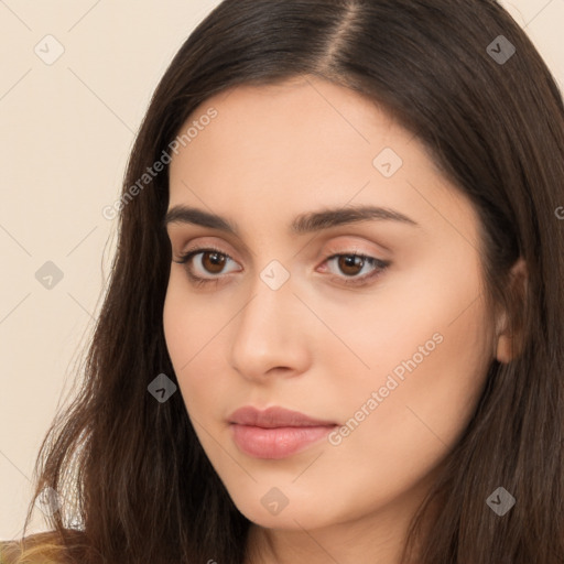 Neutral white young-adult female with long  brown hair and brown eyes