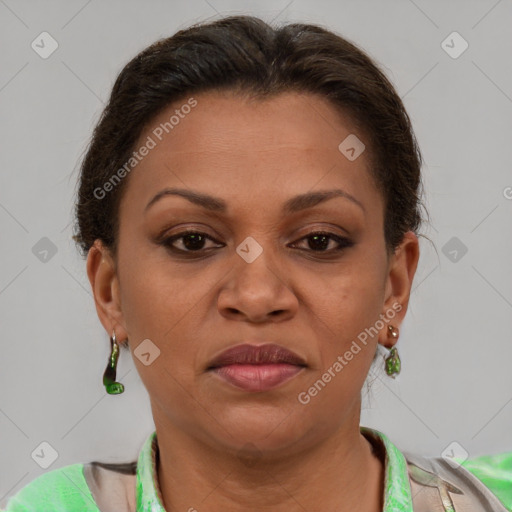 Joyful white adult female with short  brown hair and brown eyes
