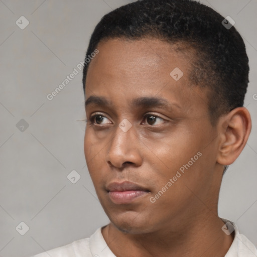 Neutral black young-adult male with short  black hair and brown eyes